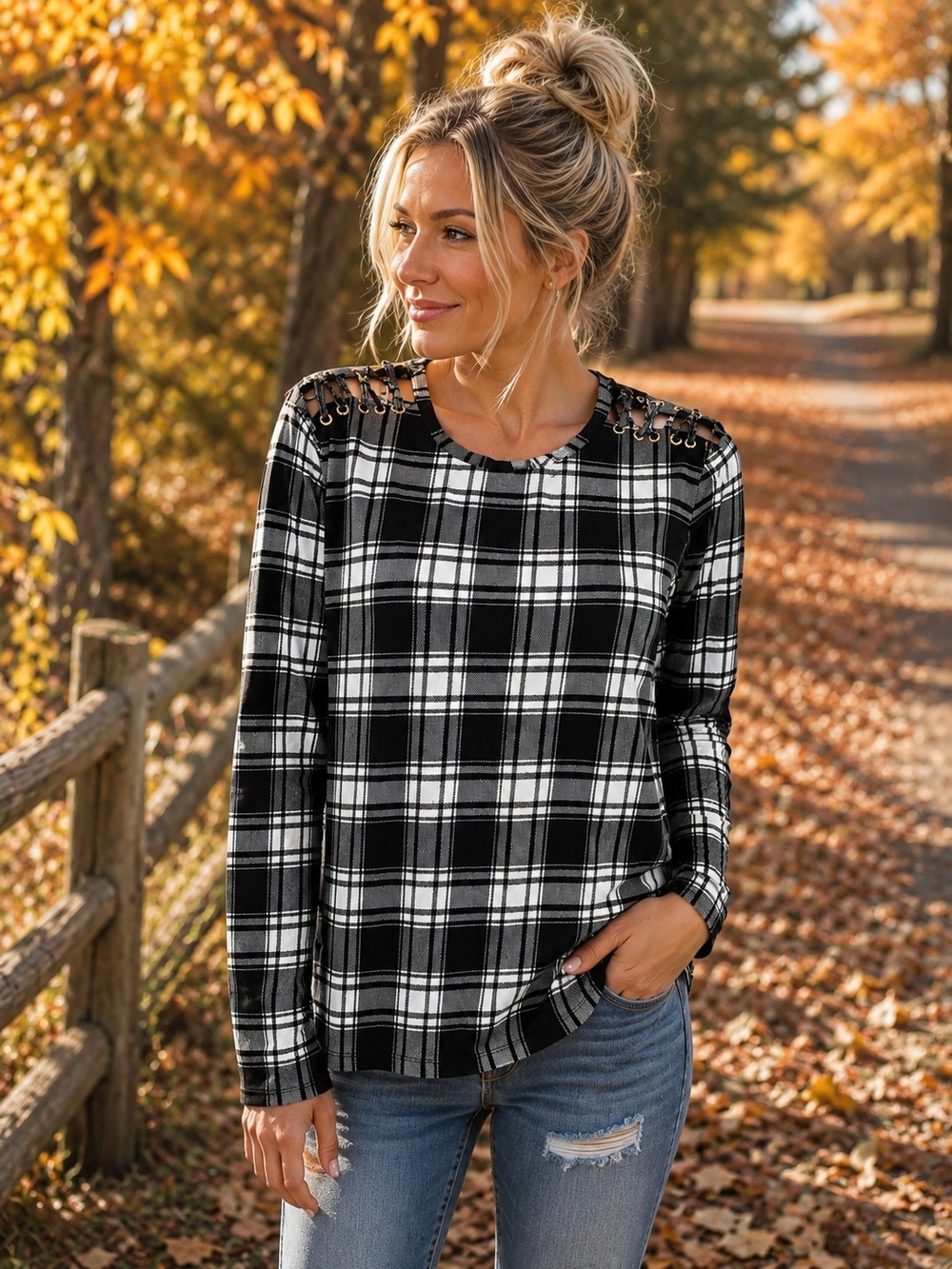 Michael Kors Black & White Plaid Lace-Up Shoulder Long Sleeve Top